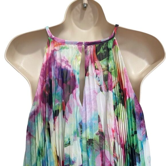 Maggy London Pleated Watercolor Chiffon Trapeze Halter Neck Dress Lined Sz 8 NWT - Picture 4 of 11